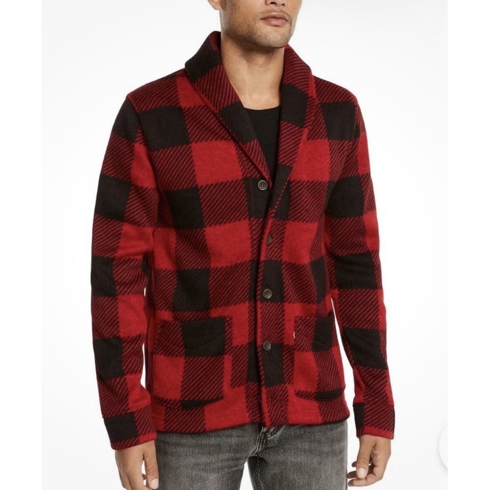 Levi's Trouss Buffalo Plaid Cardigan Sweater Sz‎ Medium Red Black